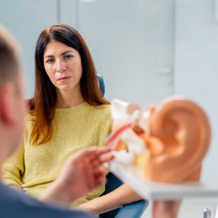 an ENT doctor consults a patient in the clinic's office tells about the possible consequences of the operation shows ear and nasal canals
